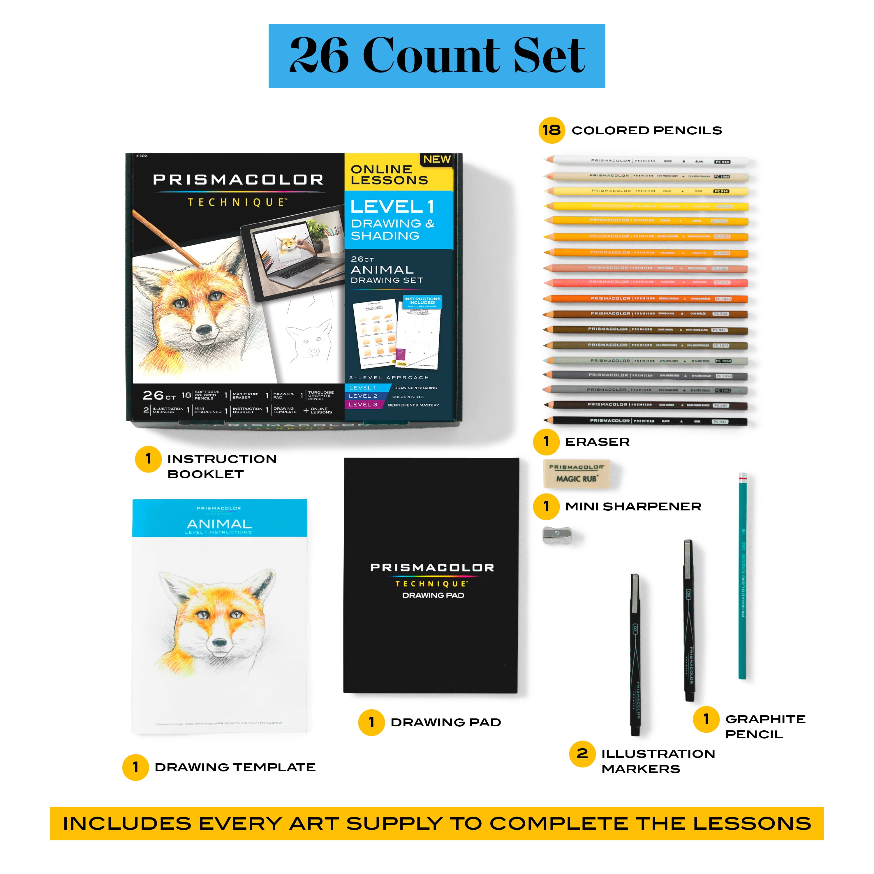 Prismacolor Technique, Art Supplies and Digital Art Lessons, Animal Drawing  Set Bundle, Levels 1-3, 54 Count