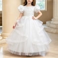 thumbnail image 4 of LEKWK Girls Tulle Ball Gown Puff Sleeve Ruffled Ribbon Formal Princess Dress with Lace Embroidery Prom Gown Wedding Flower Girl Dress for Birthday Party, 4 of 6