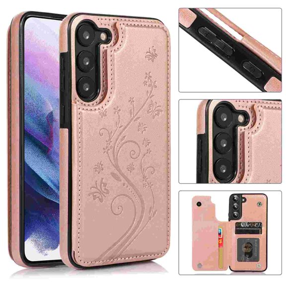 For Samsung Galaxy S25 RFID Blocking Wallet Case, Slide Pocket Card Holder & Magnetic Buckle Kickstand Shock-Resistant Soft TPU Premium PU Leather Double Layers Protection Case,Rosegold