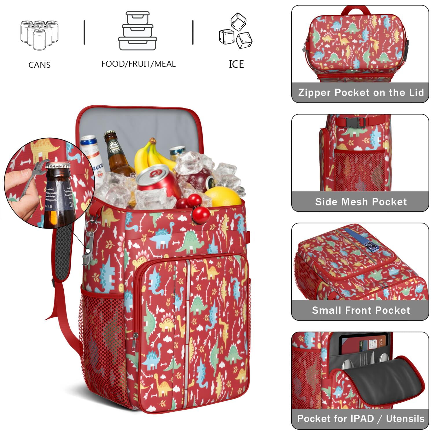Travel Cooler Bag - Red Cartoon Dinosaurs Arrows Pattern Camping Beer Cooler Backpack with Bottle Opener- Waterproof Insulated Picnic Backpacks - Cooler Bag for Beach