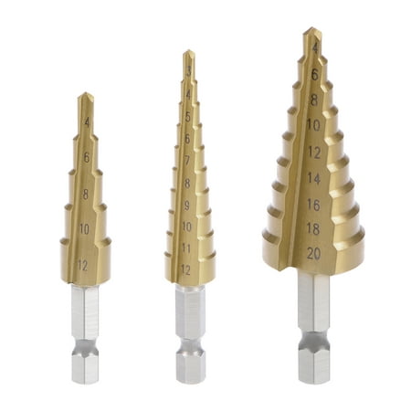 

Titanium Step Drill Bits 3-12mm 4-12mm 4-20mm 2 Flutes Hex Shank for Metal Wood Plastic High Speed Steel 1 Set