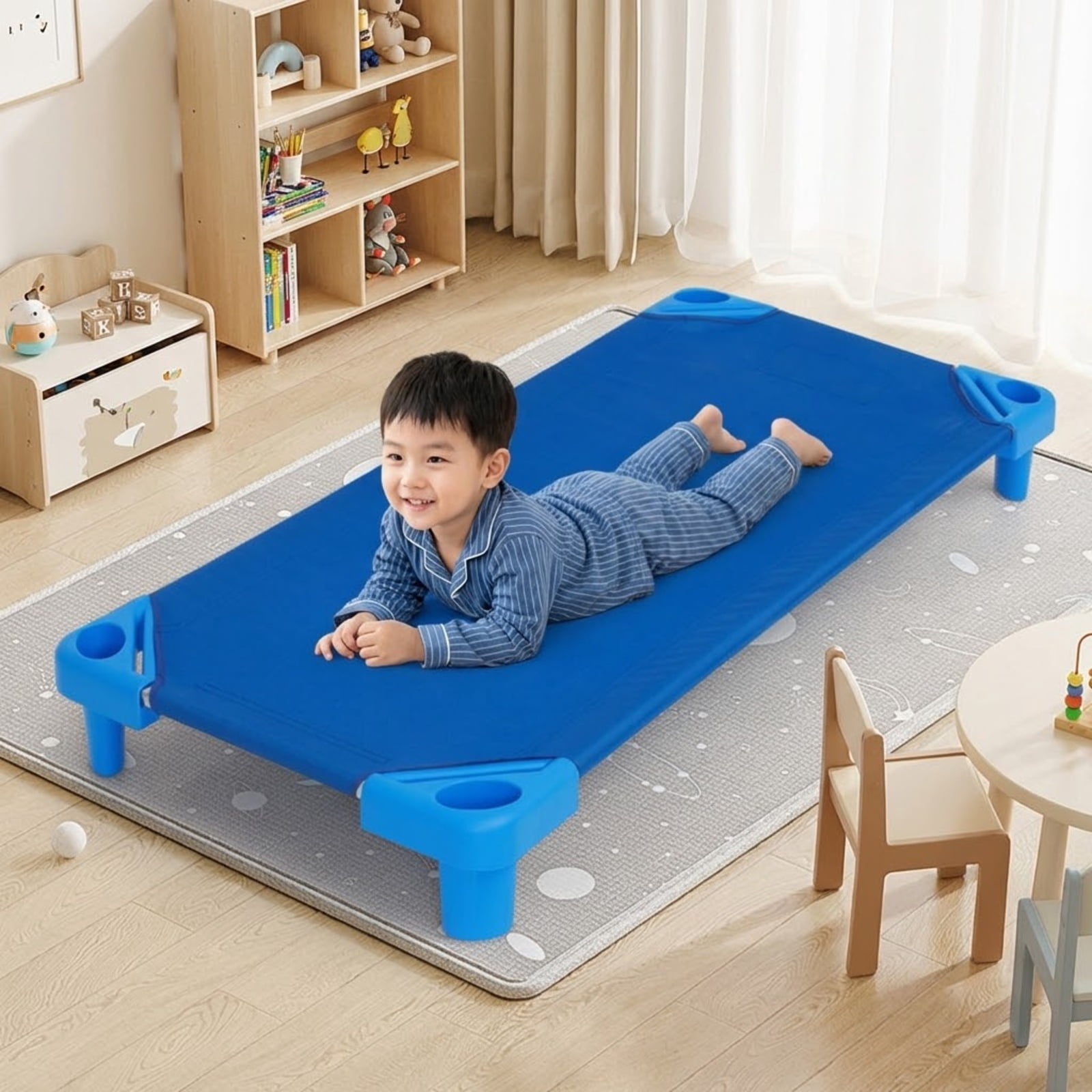 Furnibear Toddler Bed 52 x 23 Inch Pack of 6 Kids Stackable Daycare Rest Mat, Blue