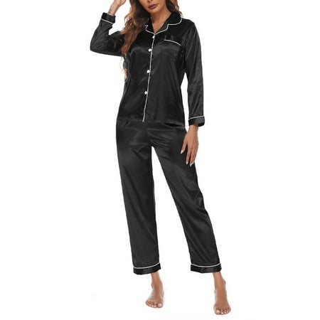 

Womens Satin Pajamas Set Long Sleeve Loungewear Two-Piece Sleepwear Pj Set