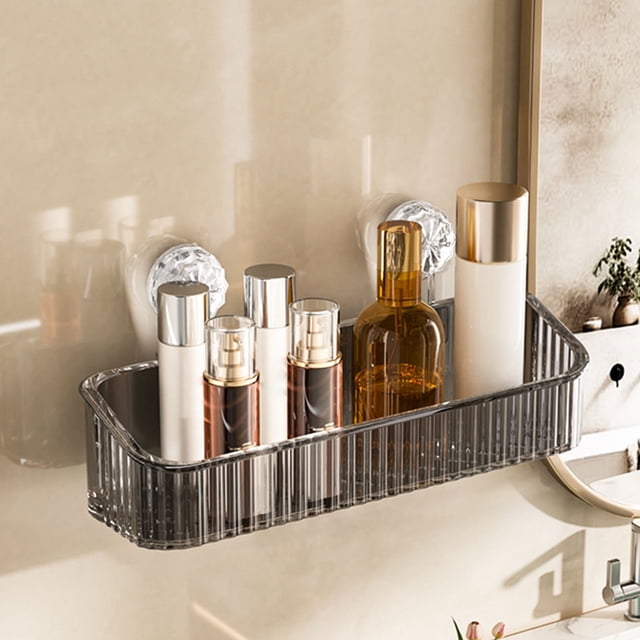 Estantería de ventosa del baño | Portaportaparques de pared sin taladro - Plástico transparente o gris medio | Organizador multiusos para baño, cocina, dormitorio | 23,5x14x9,2cm | 1Pc