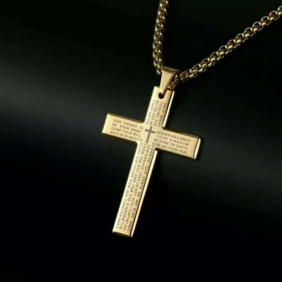 HOOUN Mens Bible Crucifix Cross Pendant Lord's Prayer Necklace Stainless Steel 24"-Gold