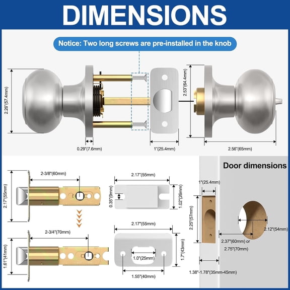 Privacy Door Knob, Brushed Nickel Door Knobs Interior Keyless Locks Set(6 Pack), Bedroom Bathroom Door Knob with Lock, Reversible for Left/Right Door Handle