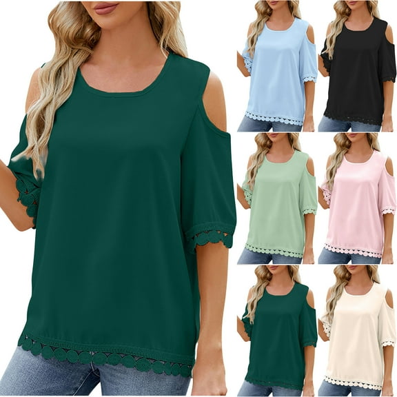Fesfesfes T Shirts for Women Women Spring And Summer Off The Shoulder Round Neck Lace Patchwork 3/4 Sleeve Loose Tops Loose Fitting Tops for Women XL(US:10)