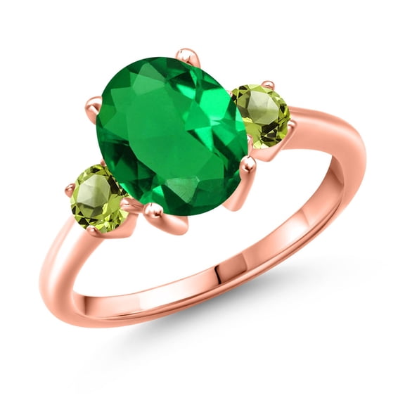 Gem Stone King 2.60 Ct Oval Green Nano Emerald Green Peridot 18K Rose Gold Plated Silver Ring (Size 7)
