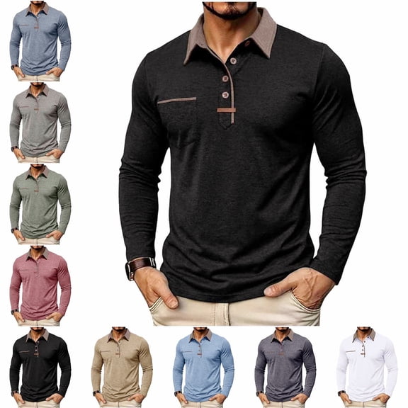 Zivyakyron Fall Men's Polo Shirts Office Long Sleeve Button Business Collared Shirts Casual Loose Colorblock Blue L