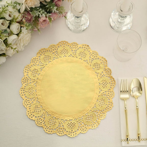 Efavormart 50 Pack Round Gold Paper Doilies, Food Grade Lace Paper Placemats - 12"