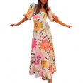 thumbnail image 6 of Orange-Red Bohemian Floral Print Maxi Dress, Womens Off Shoulder Puff Sleeve Tiered Dress, 6 of 6