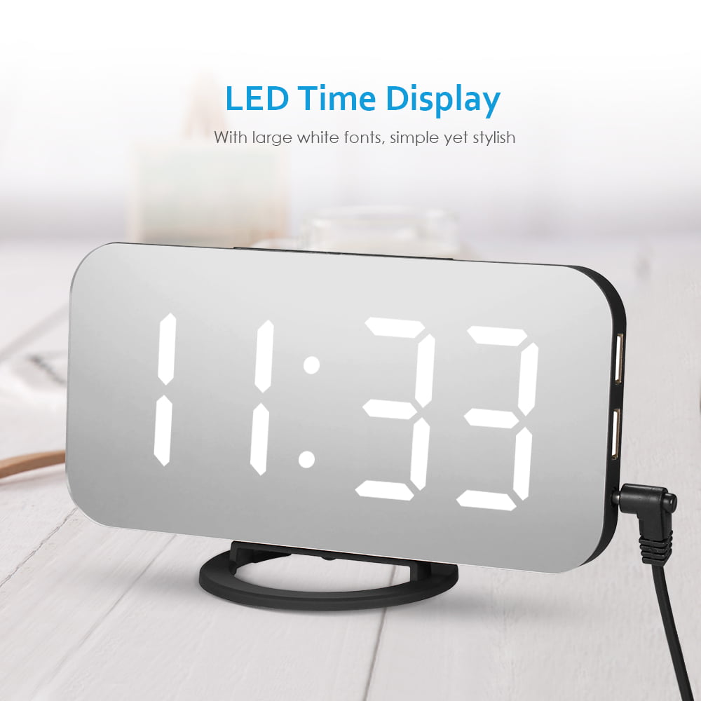 Digital Alarm Clock Large LED Display Mirror Surface USB Port Bedroom Office 