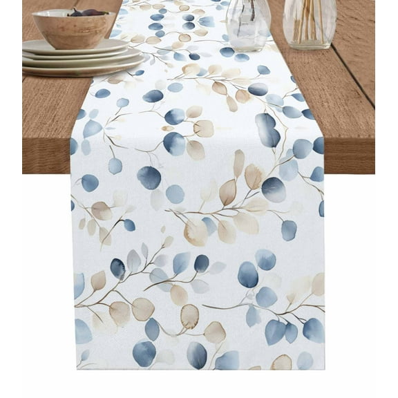 Blue Brown Botanical Table Runner 72 Inches, Summer Leaves Watercolor Elegant Bed Runner Dresser Scarves Tabletop for Indoor Outdoor Parties/Ceremony/Banquet, 18" x 72"