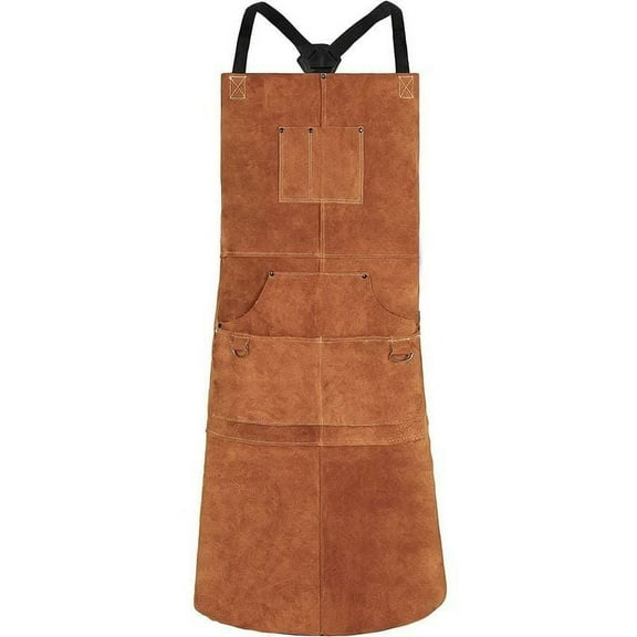 Welding Apron, Cowhide Leather Work Apron with 6 Pockets, 24x36 Multifunctional Kitchen Apron, Adjustable Straps from M to XXL for Men and Women (Brown)