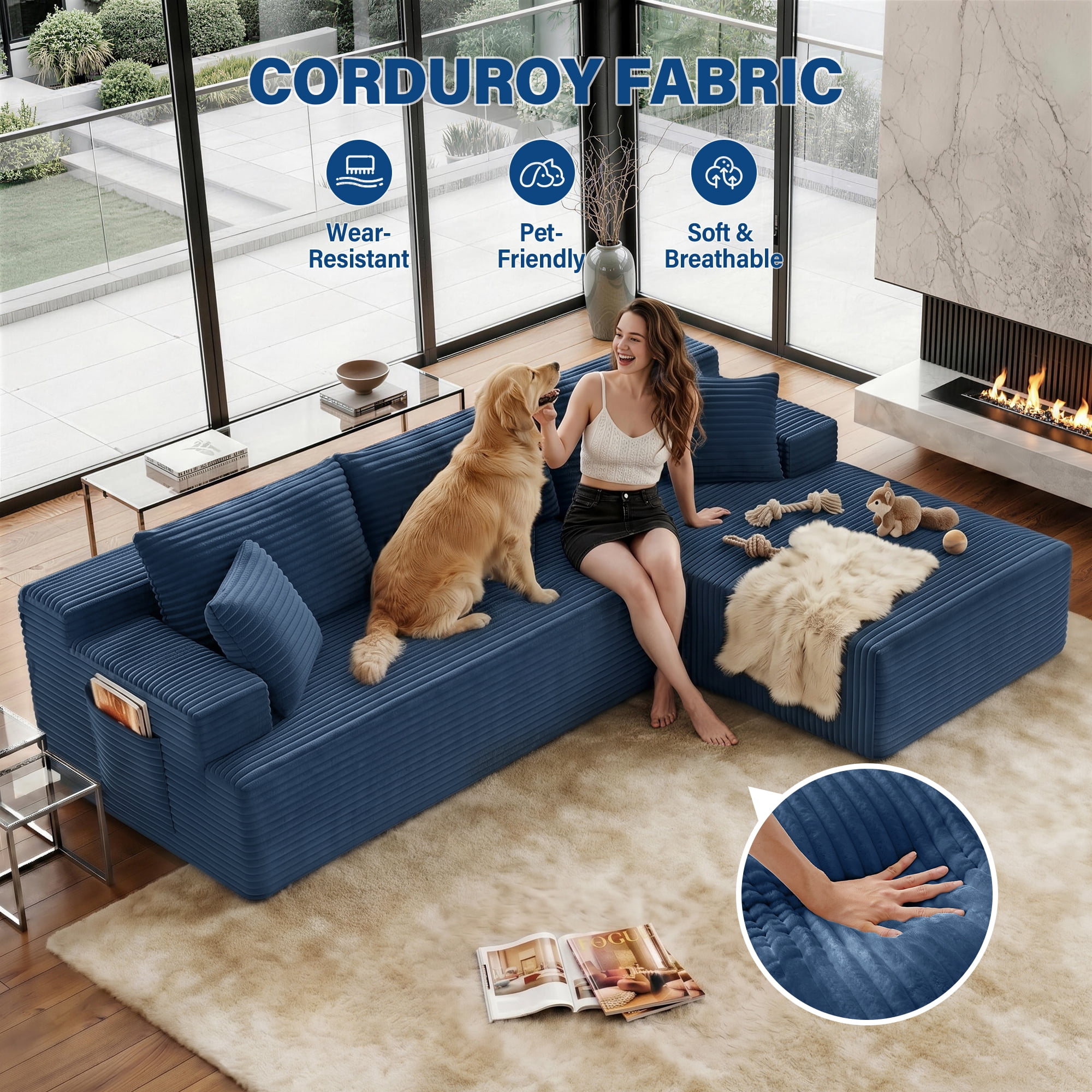 Aukfa 96" Cloud Sectional Couch, Modular L Shaped Boneless Sofa with Right Facing Chaise&2 Storage Pockets, Blue