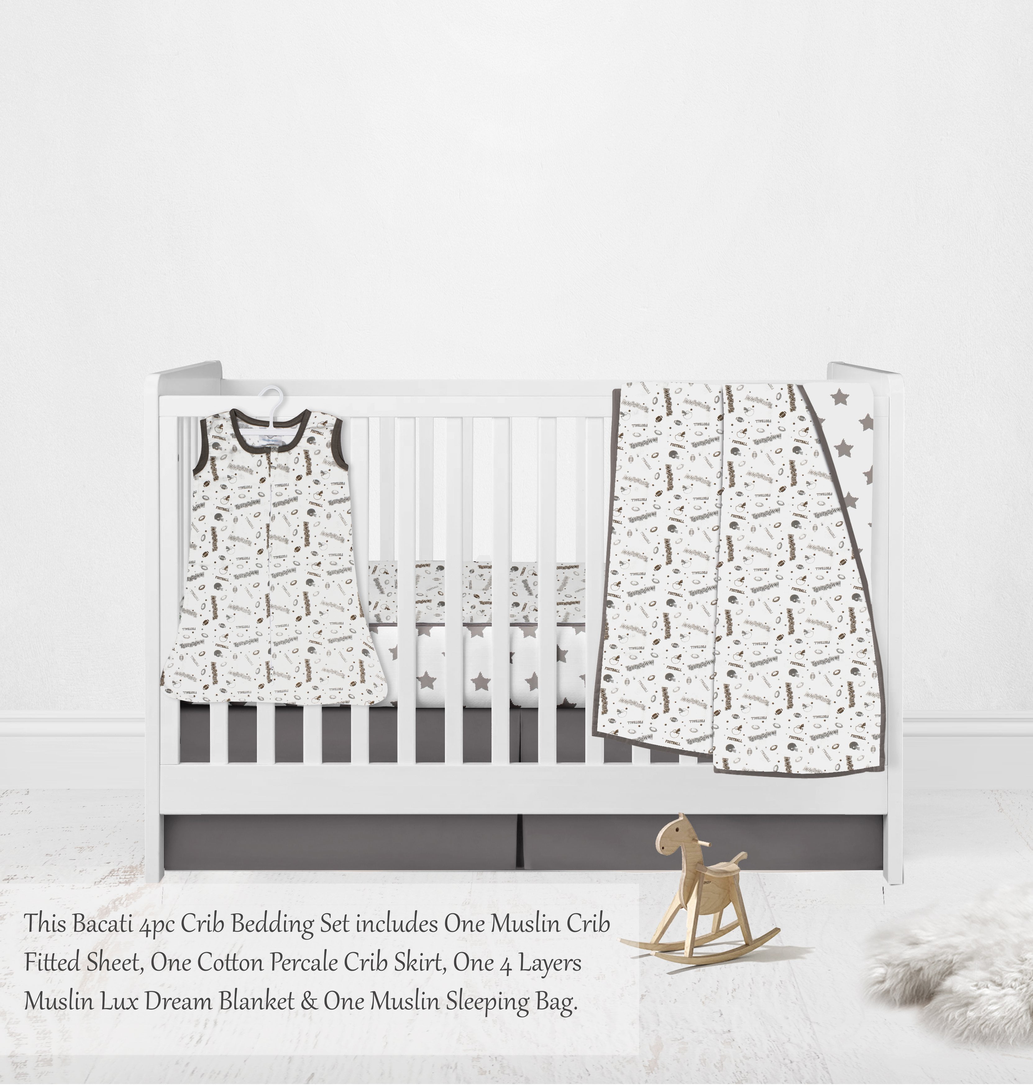 Bacati Muslin Boys Crib Bedding Set Football Brown/Grey