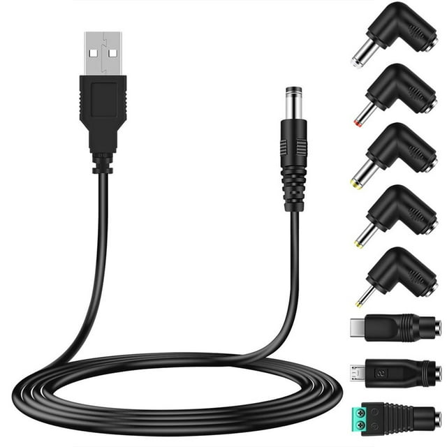 Universal 5V USB Power Cord, USB to Dc Power Cable with 8 Types Connectors for Android Phones, Tablet, Power Bank, Toy,1 x USB to DC Power Cable Cord 8 x Plugs Connectors Adapters,Black