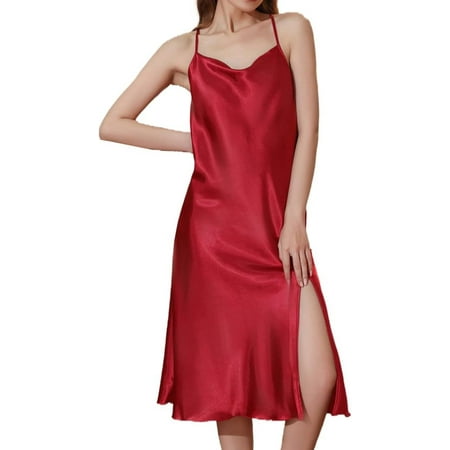 NANAHuang Women s Satin Nightgown Midi Chemise Square Neck Sleeveless Side Slit Open Back Sleepwear Lingerie