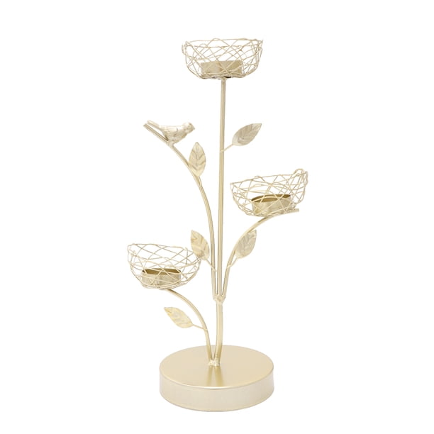Candelabro de hierro con forma de rama de árbol y pájaro pequeño, estilo nórdico, para decoración del hogar, bodas y fiestas (estilo E dorado).