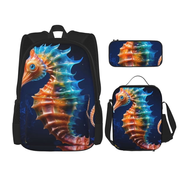 Easygdp Yellow Fish Seahorse Mochila para Niños y Niñas con Set de Caja de Almuerzo y Estuche para Lápices 3 en 1, Mochila Escolar Estampada para Adolescentes
