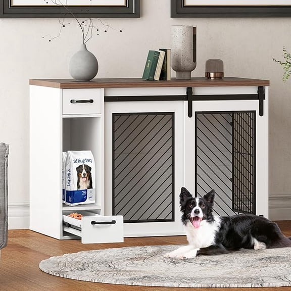 LAZZO Heavy-Duty Dog Crate with Drawers & Feeder Bowls Compartment – 47.2" Modern Farmhouse Kennel, Multi-Functional Side End Table for Small Medium Dogs