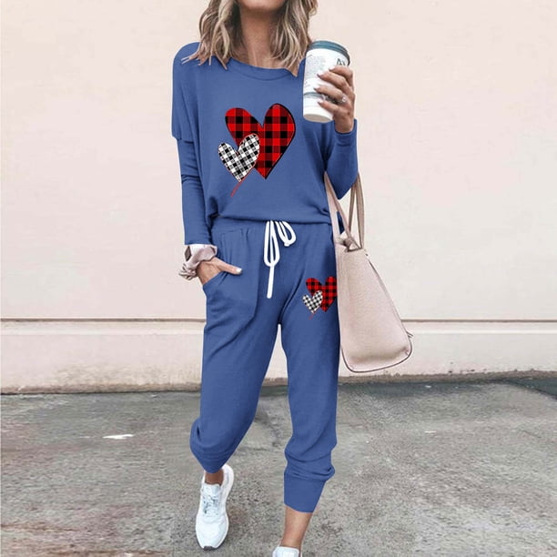 Puntoco Conjunto de pijama cómodo para mujer, con estampado de letras de invierno, cuello redondo, manga larga, pantalones, ropa informal para el hogar