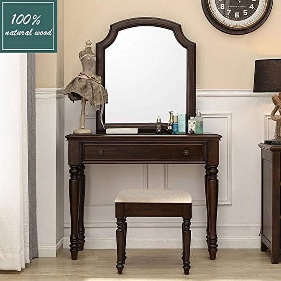 300lb Capacity Brown Oak Vanity Stool, Concave Seat | Best Value | Easy Assembly Modern Makeup Stool