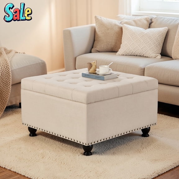GZXS Large Storage Ottoman with Hinged Lid & Nail Trim, 30-Inch Tufted Linen Upholstered Seat w/ Solid Wood Construction, for Living Room/Bedroom/Office (Beige)