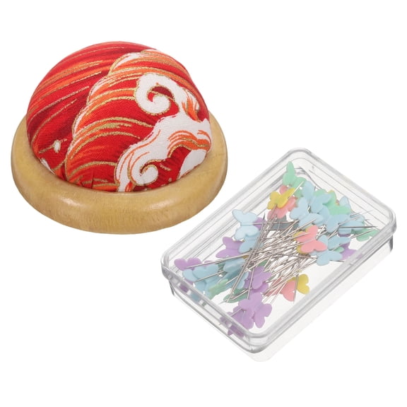 Uxcell Pin Cushion Wooden Base with 50 Pieces Sewing Pins Set for Quilting and Crafts Red Wave