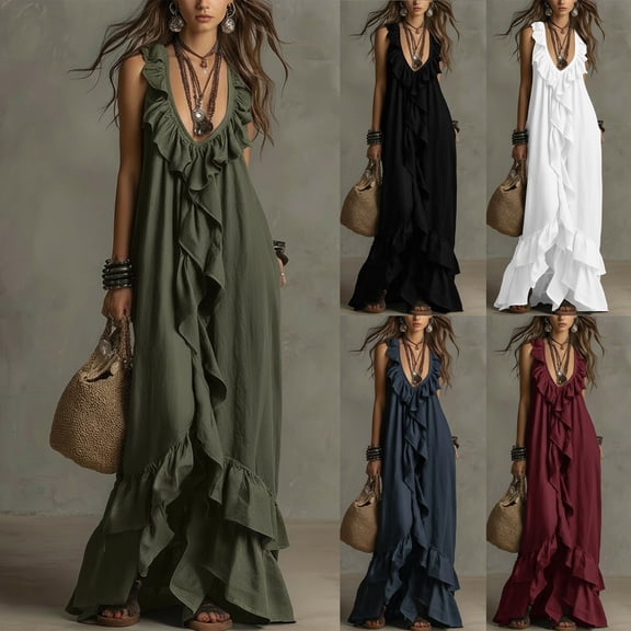 ChaoHeng Sundresses for Women for 2026 Solid Round Neck Tier Ruffle Sleeveless Flowy Beach Summer Dresses White S