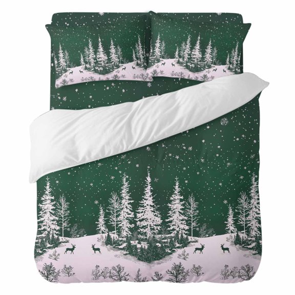 4 Pieces Duvet Cover Set Queen Size, Winter Pine Tree Deer Snowfield Comforter Cover Bedding Sets, Christmas Snowflake Green White Bed Set Include 1 Duvet Cover,1 Bed Sheet,2 Pillow Shams
