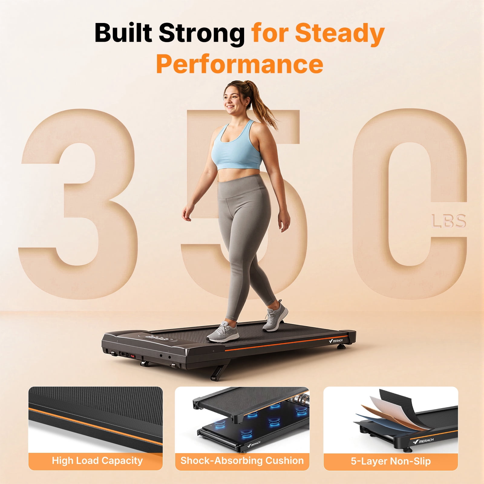MERACH W50 Lite Walking Pad with 10% Auto Incline, 350lb Under Desk Treadmill with Bluetooth Speaker