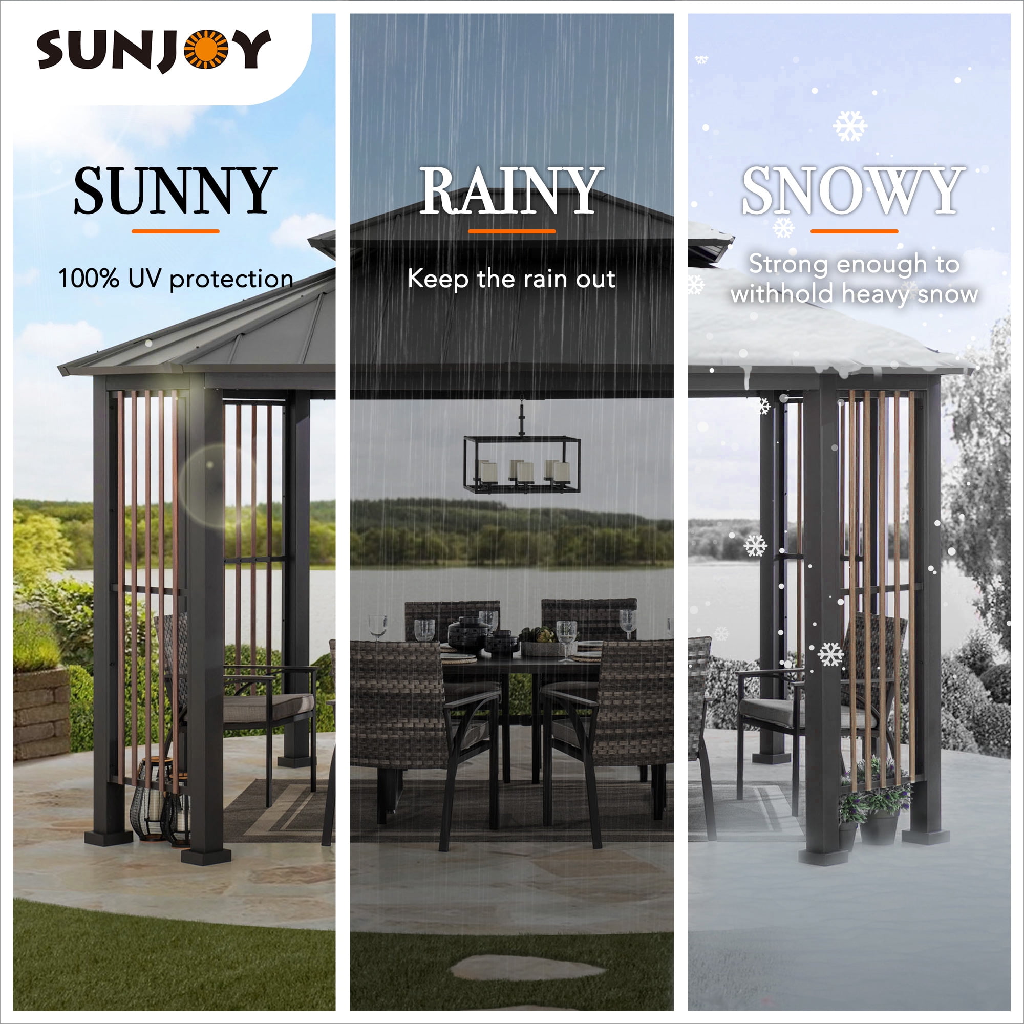 Sunjoy 11 x 13 ft. Hardtop Gazebo Outdoor 2-Tier Steel Hardtop Metal Gazebo with Dual Rails and Ceiling Hook, Suitable for Patio & Backyard, Grey