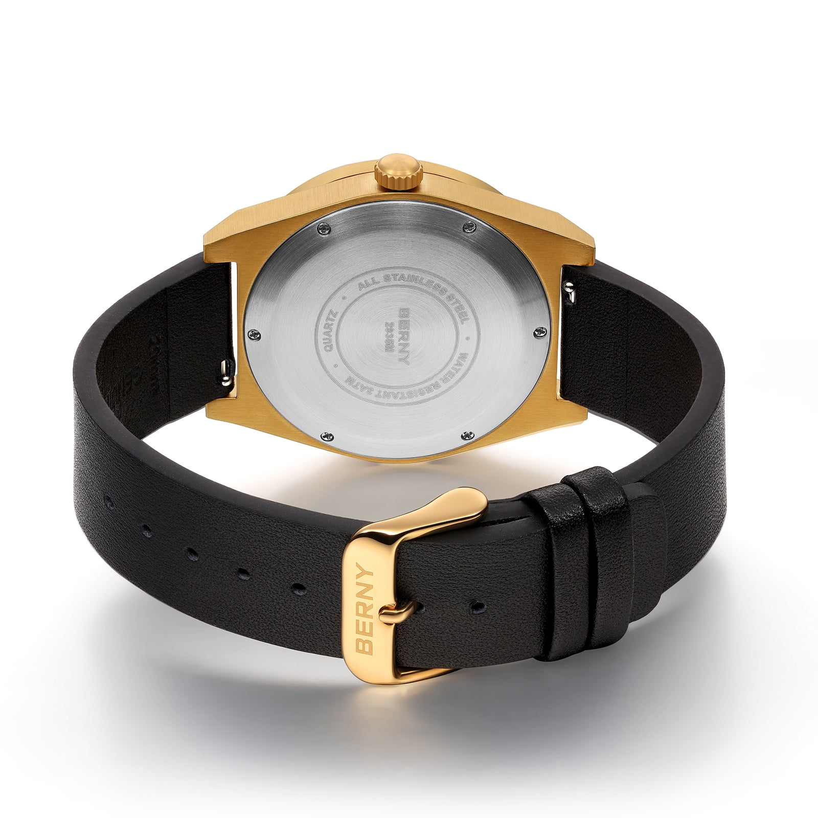 BERNY Gold Watches for Men, Classic Vintage Quartz Analog Watch with Day & Date Calendar, Leather Strap, Stainless Steel, Luminous, Waterproof, Fashion Sport Casual Men's Wristwatch (Gold)