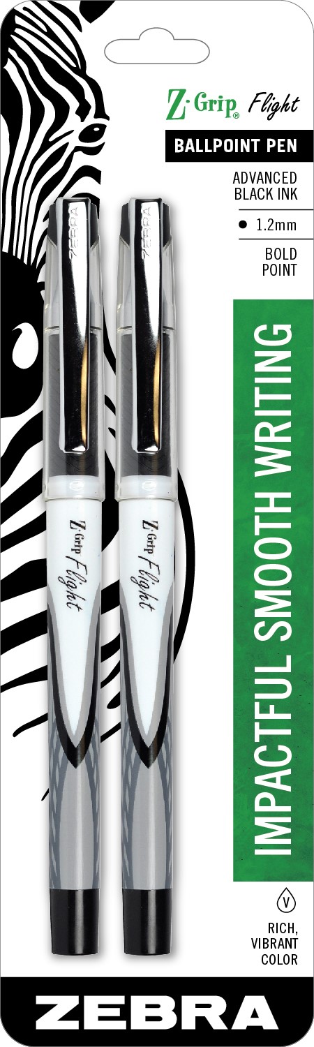 Pack De 3 Stylos Bille Zebra Z-Grip Flight - Pointe 1.2 Mm, Encre Noire, Corps Caoutchouc Confort