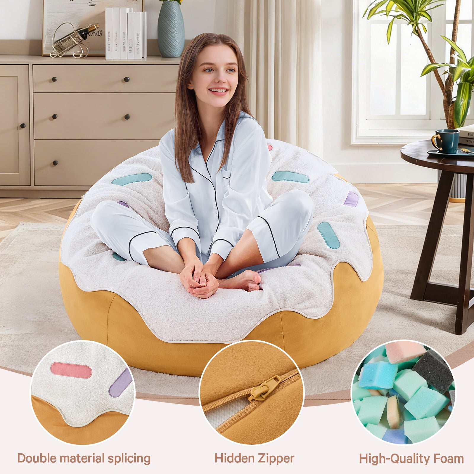 XIECUVA Bean Bag Chair for Adults, High-Rebound Memory Foam Beanbag Chairs with Removable Cover for Living Room Bedroom, 32 Inches