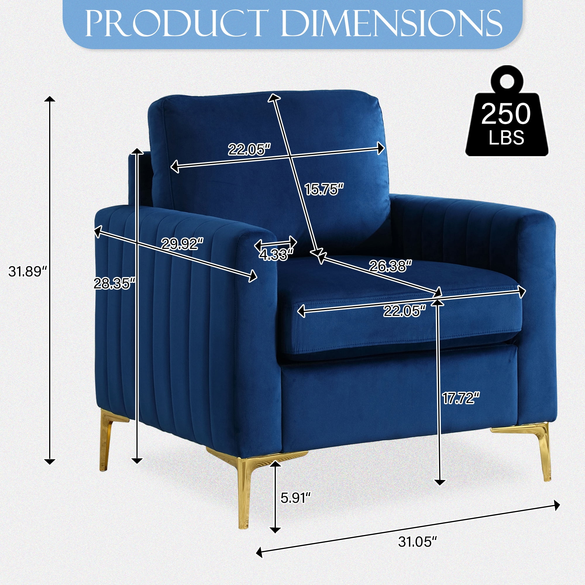Dinosisco Accent Armchair for Living Room, Modern Upholstered Club Chair in Navy Blue Velvet