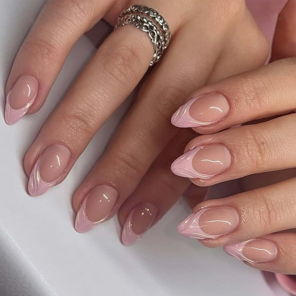 Light Pink French Tip Press on Nails Short Almond Nails Press ons French Tip Glue on Nails for Women DIY Acrylic Gel Nail Natural Thick Extra Short Fake Nail 24Pcs
