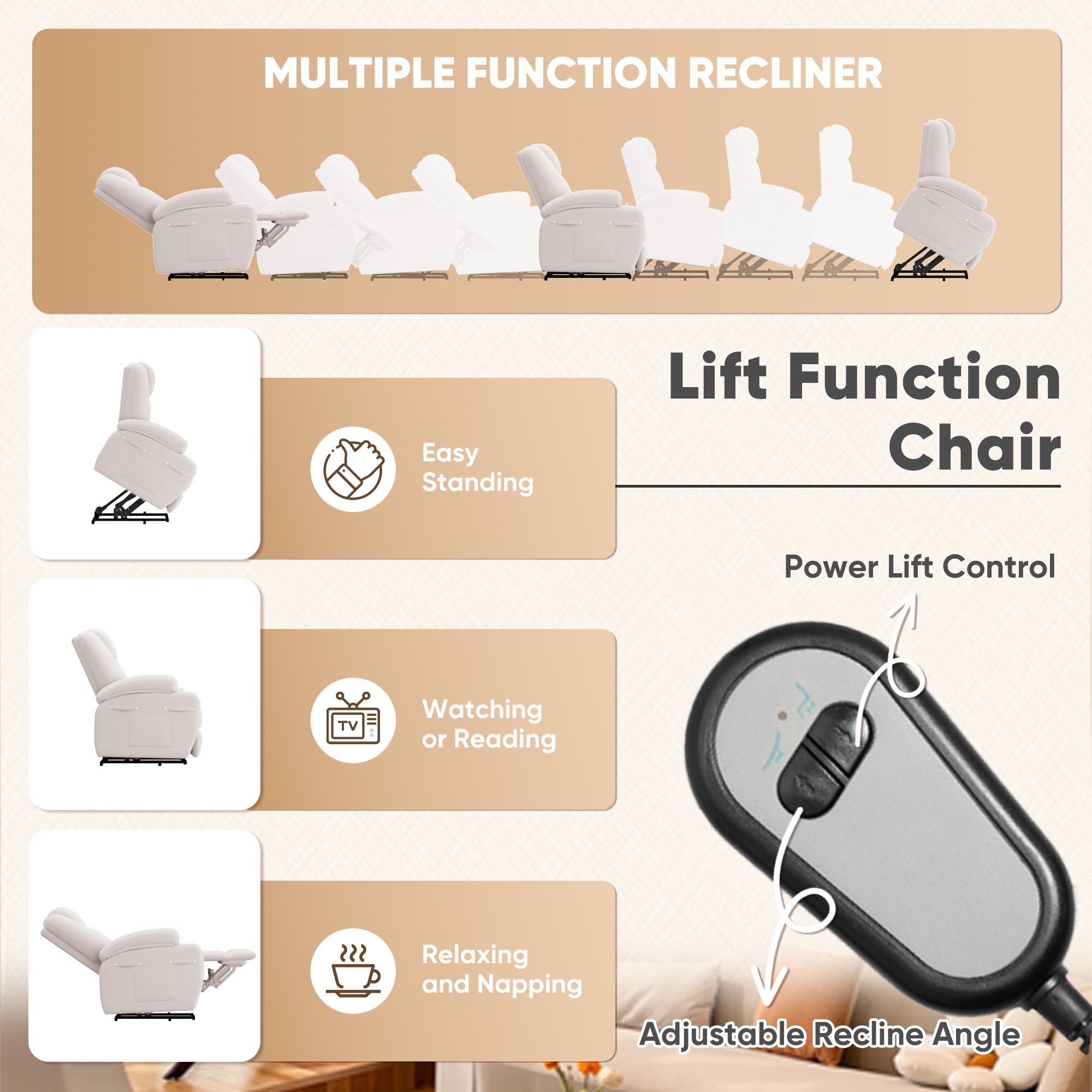 Homall Power Lift Recliner with Eight Vibrating Massages Ergonomic Single Sofa with Side Pocket for Elderly,Beige