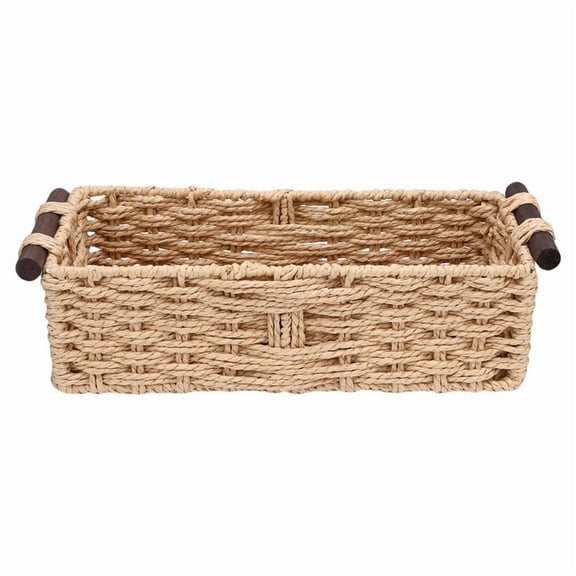Rectangular Storage Baskets Wicker Style with Wooden Handles Nesting Organiser for Home