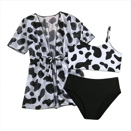 WOYY Big Girls Bikini Swimsuit Cow Print Bathing Suit with Cover Up Swimwear 3-Piece