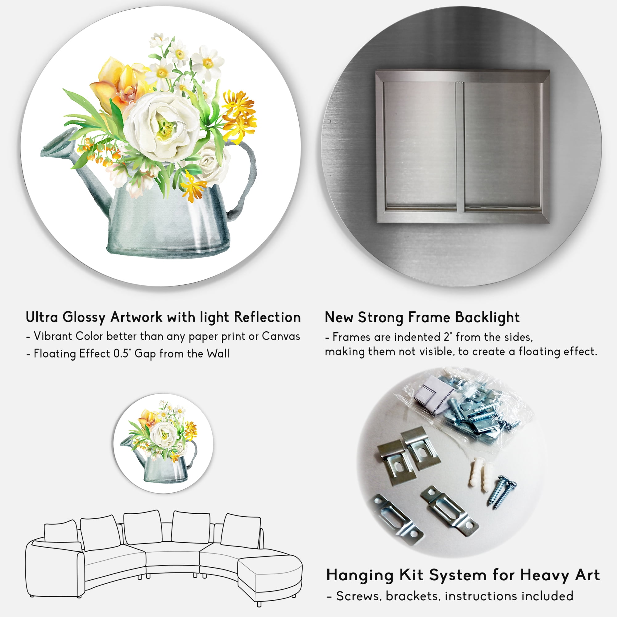 Designart 'Marigolds Roses and Peonies In Garden Watering Can' Farmhouse Circle Metal Wall Art 11x11 - Disc of 11