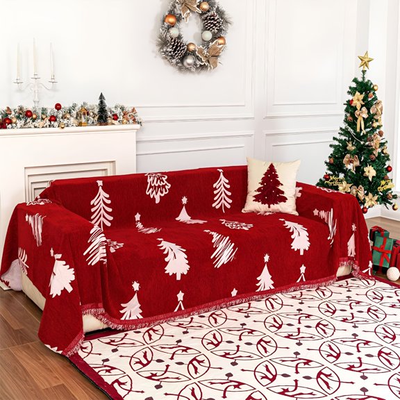 LAMIRO Christmas Chenille Sofa Cover Throw Blanket,70X51 Inch Red Decorative Stretchable Couch Cover with Holiday Tree Pattern,Soft Furniture Protector for Living Room,Loveseat,Chair,Festive Decor