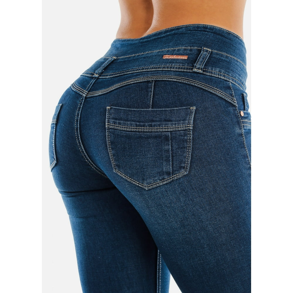 Moda Xpress Womens Skinny Jeans Mid Rise Butt Lifting Belt Loops Dark Wash Denim Skinny Jeans