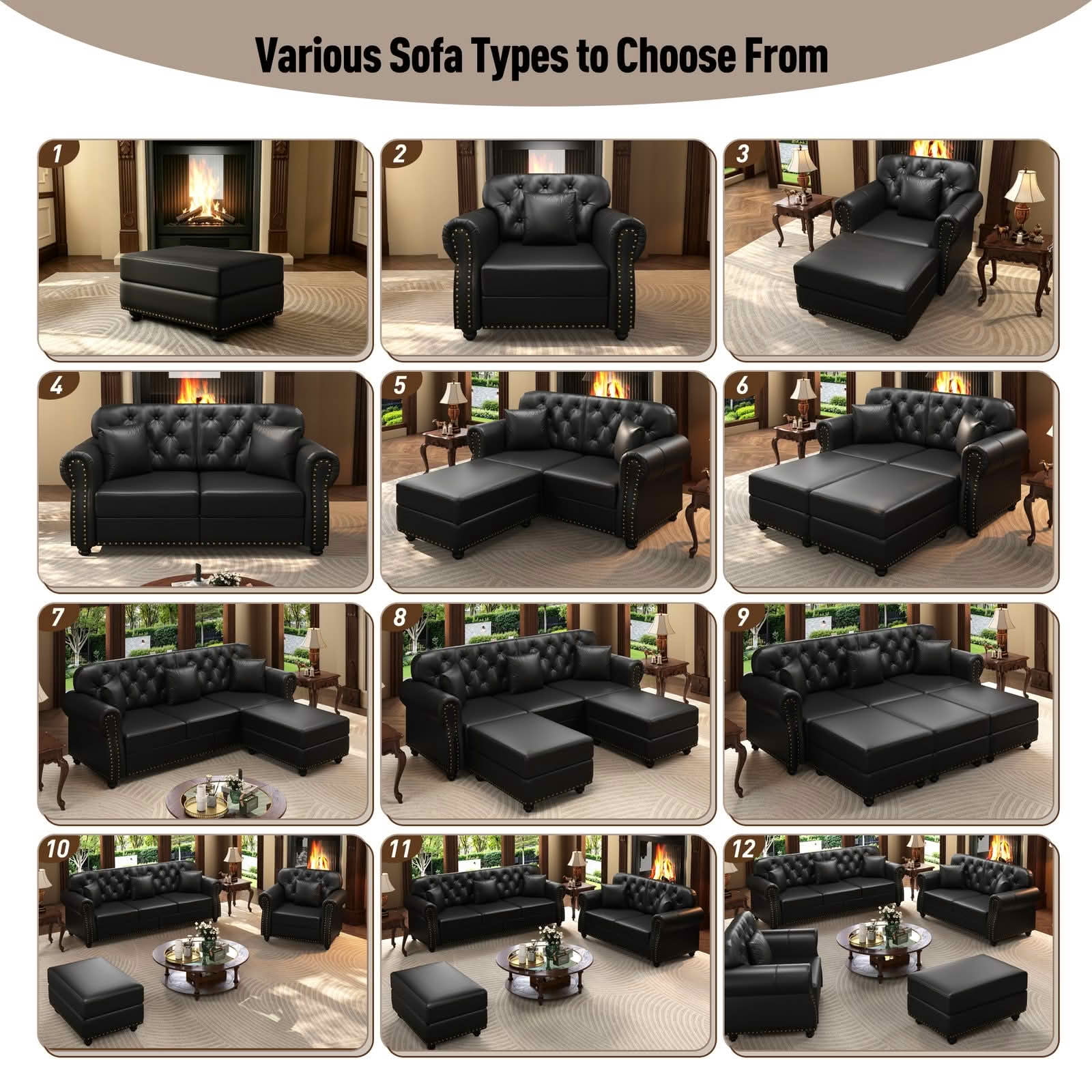 MAYEERTY 41.3" Upholstered Faux Leather Single Sofa with Ottoman, Mid‑Century Modern Chesterfield Accent Sofa with Button Tufted, Nailhead Trim & Rolled Armrests, Includes 1 Pillow