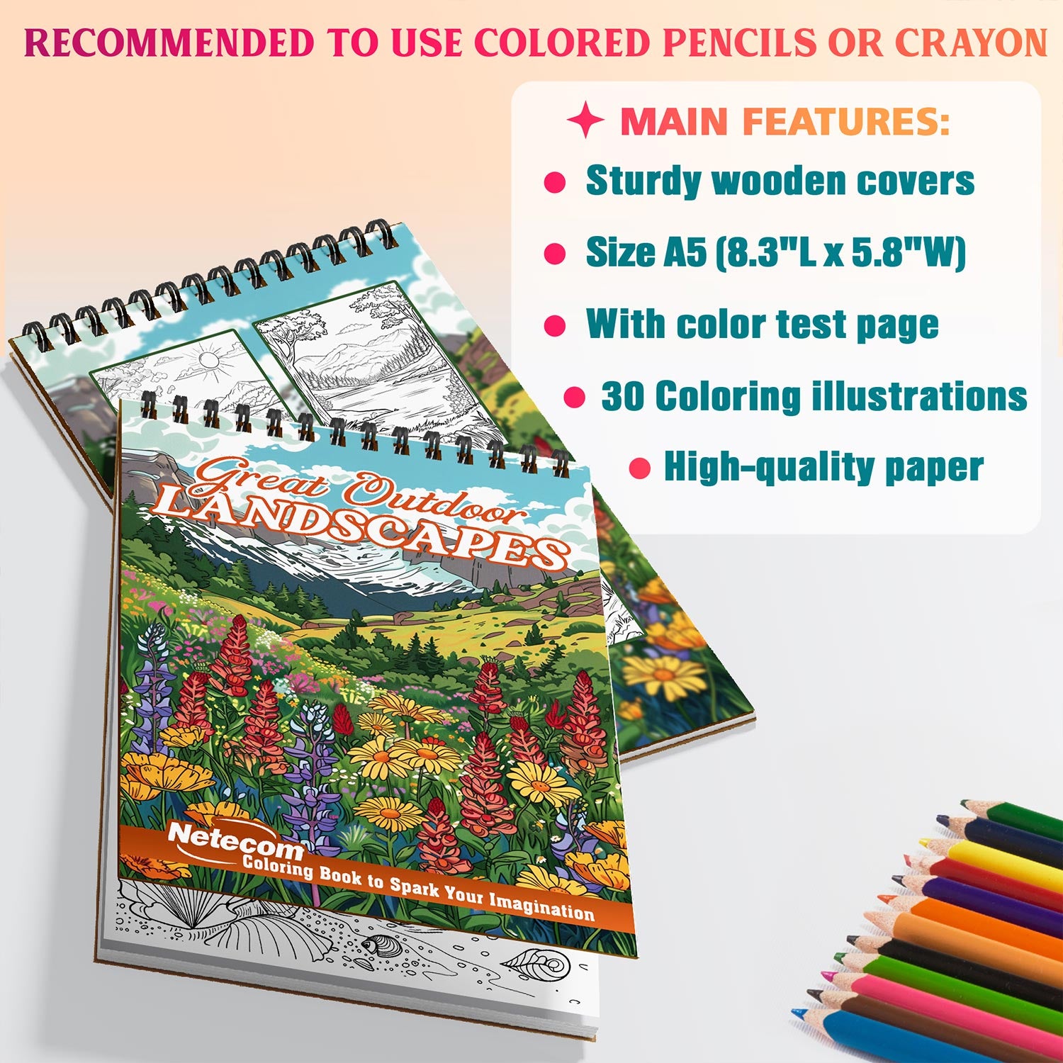 Netecom Great Outdoor Landscapes Coloring Book Spiral Bound for Adults, A5 Wooden Cover, 30 Majestic Coloring Pages of Wild Nature Scenes for Stress Relief and Relaxation