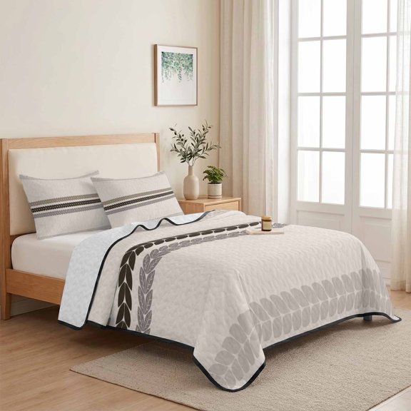 3 Piece Summer Bed Quilt Set Twin XL Size,Modern Minimalist Stripe Lightweight Bedspread Coverlet with 2 Pillowcases Country Leaf Stripe Seamless Soft Comforter Bedding Quilts for All Season