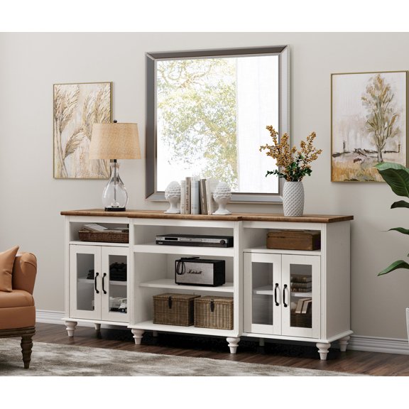 Farmhouse TV Stand for 75 inch TV, 4-Door Glass Wood Entertainment Center with 9 Storage Cabinets, White Media Console Table for Living Room Bedroom，White