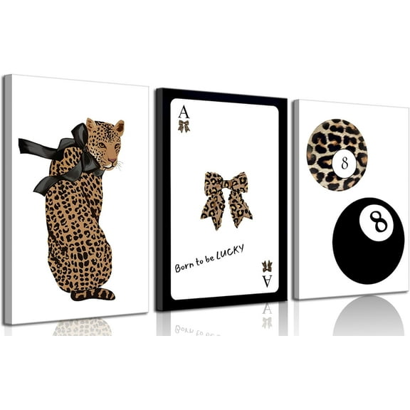 Trendy Pink Leopard Bow Wall Art Set of 3 Funky Cherry Lucky 8 Ball Posters Prints Cute Coquette Preppy Room Aesthetic Wall Decor Pictures for Girls Bedroom Apartment Dorm Und 16x24in