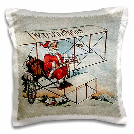 3dRose Merry Christmas Santa Flying a Vintage Box Kite Plane Image, Pillow Case, 16 by